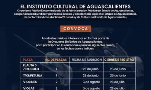 Se convoca a músicos profesionales interesados en formar parte de la Orquesta Sinfónica de Aguascalientes