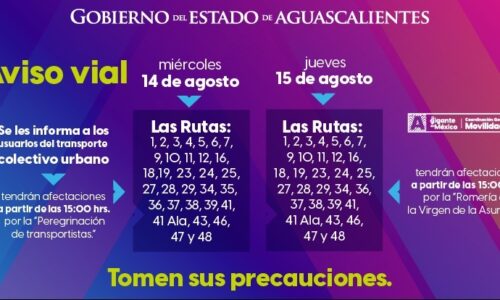 MODIFICACIONES EN RUTAS DE TRANSPORTE PÚBLICO POR FESTEJOS DEL QUINCENARIO DE LA VIRGEN DE LA ASUNCIÓN